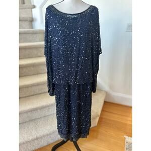 Patra Navy Beaded Silk Draped Scoop Neck Cocktail Dress